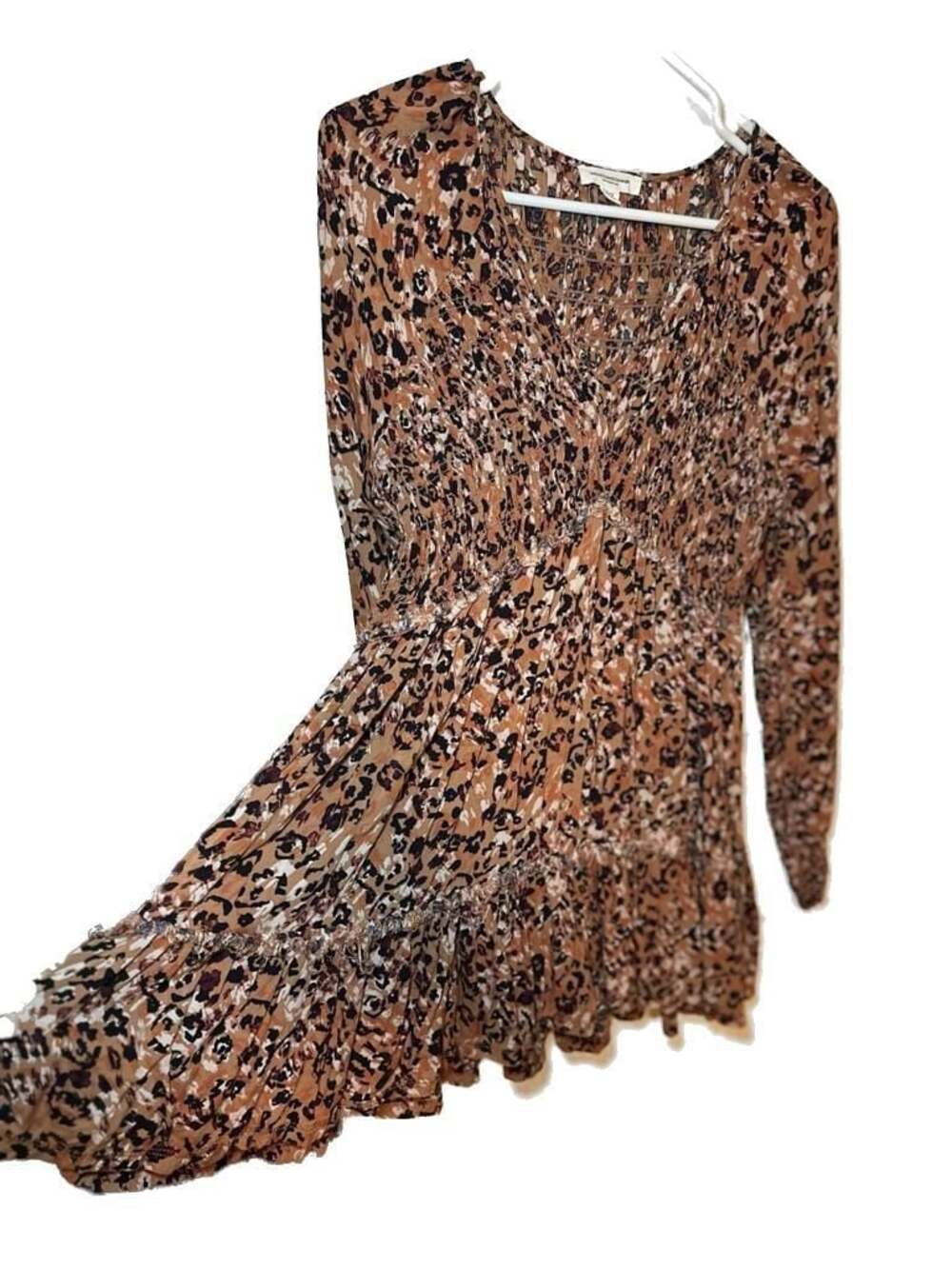 Beachlunchlounge Brown Animal Print Smocked Long Sleeve Tiered Mini Dress - Picture 3 of 4